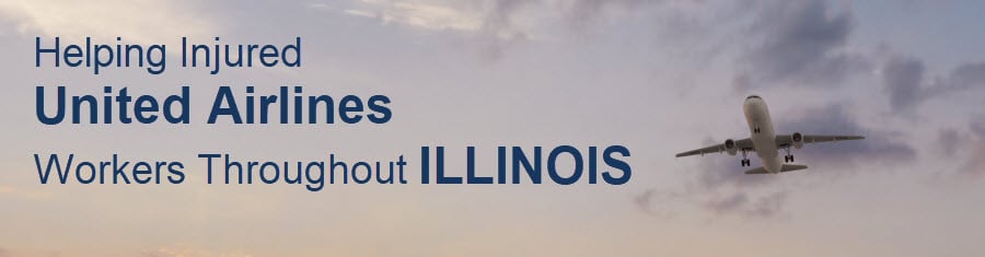 text on top of a photo of a flying airplane: Helping injured United Airlines workers throughout Illinois